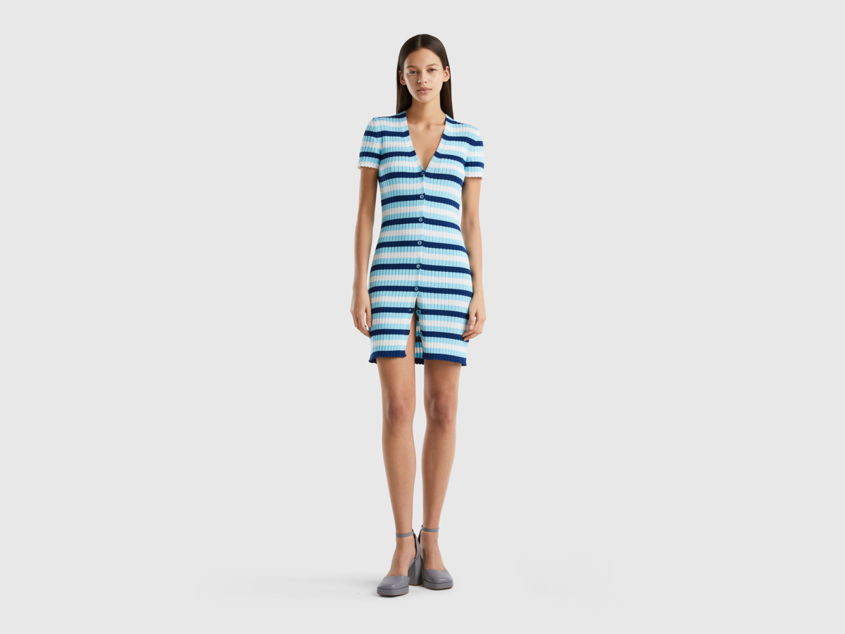 Benetton United Colors Of Short Dress With Stripes And Buttons Light Blue Female Womens DRESSES GOOFASH
