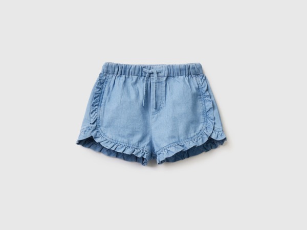 Benetton United Colors Of Shorts Made Of Chambray With Ruffles Light Blue Female Womens SHORTS GOOFASH