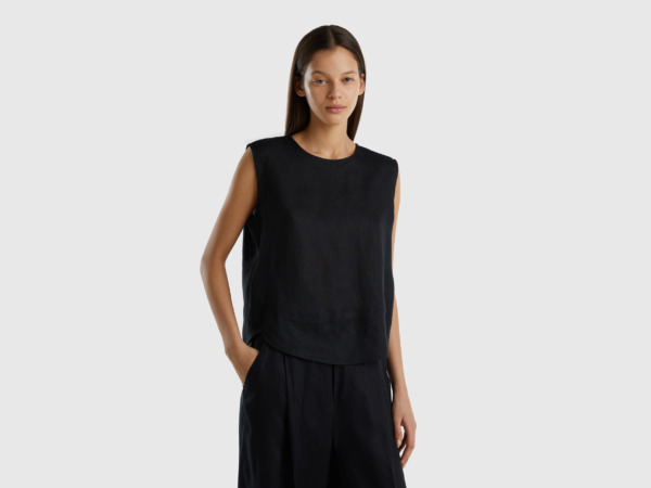 Benetton United Colors Of Sleeveless Blouse Made Of Pure Linen Black Female Womens BLOUSES GOOFASH