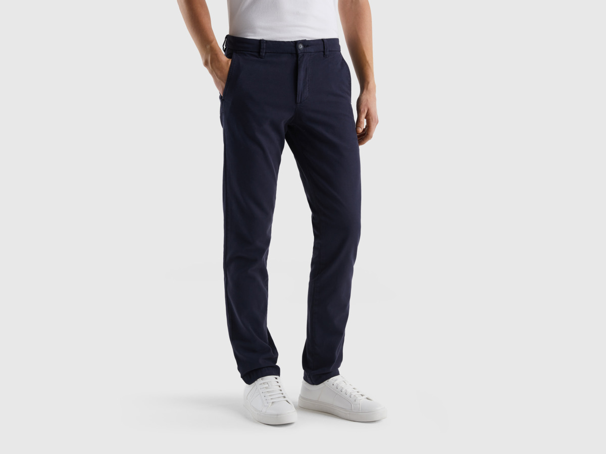 Benetton United Colors Of Slim Fit Chinos Made Of Stretchy Dark Blue Male Mens TROUSERS GOOFASH