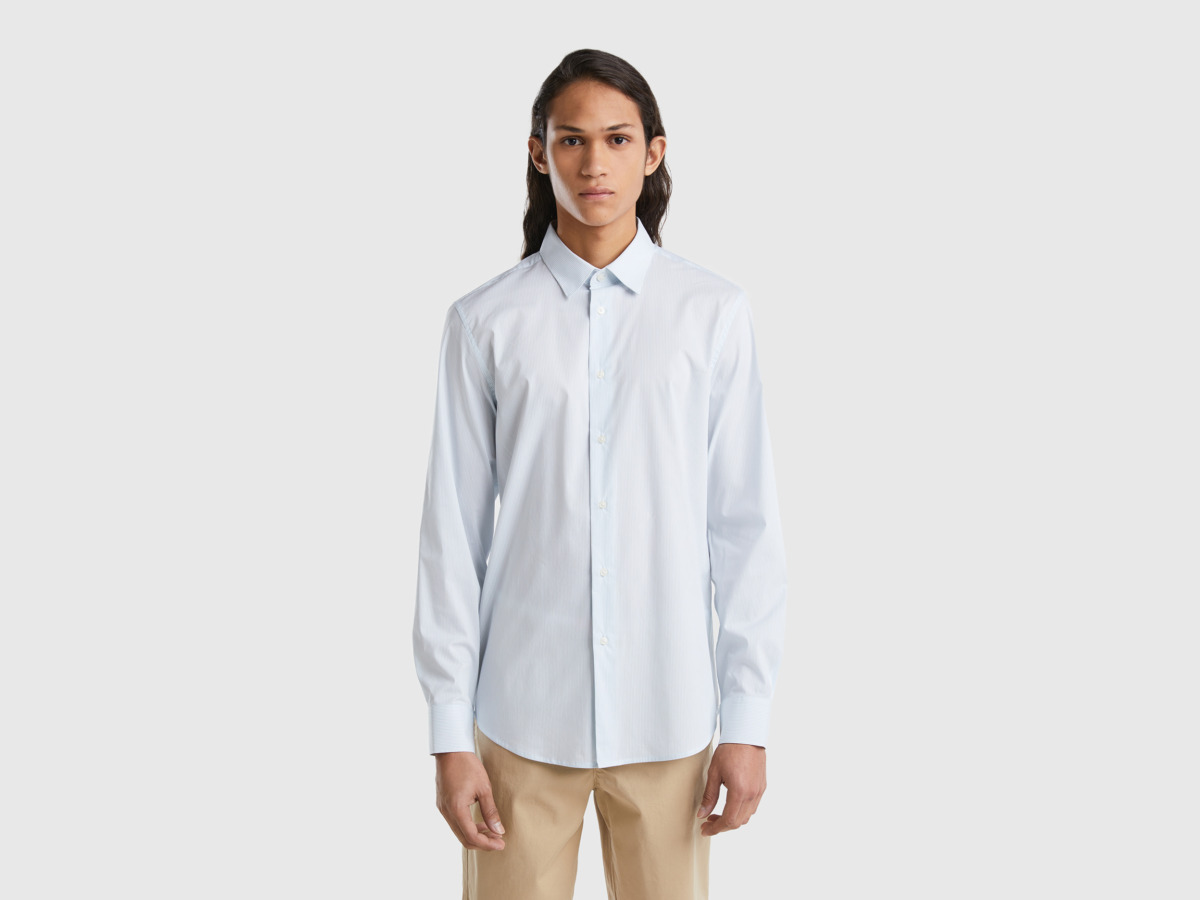Benetton United Colors Of Slim Fit-Shirt Made Of Stretchy Mixture Light Blue Male Mens SHIRTS GOOFASH