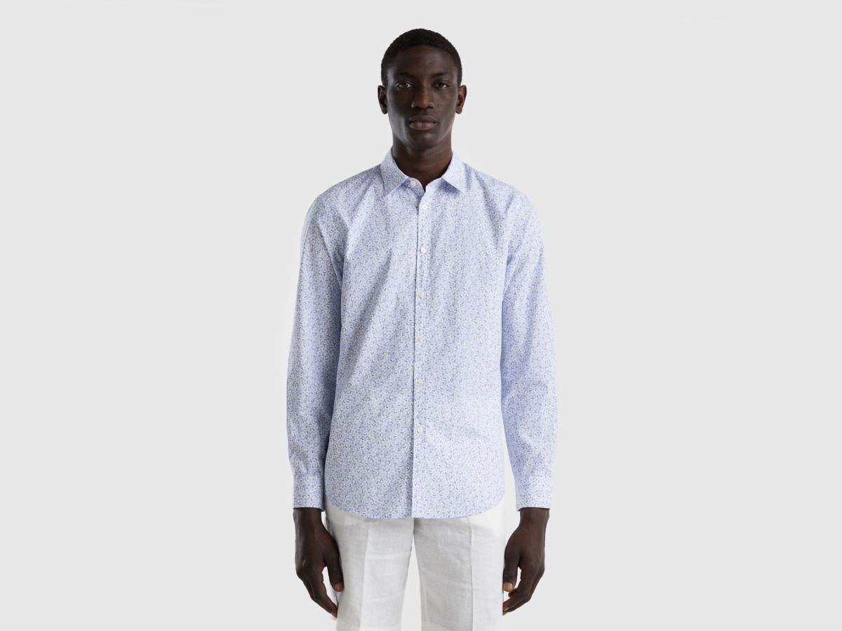 Benetton United Colors Of Slim Fit-Shirt With Pattern Pale Blue Male Mens SHIRTS GOOFASH