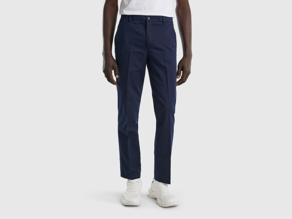 Benetton United Colors Of Straight Fit Chinos In Linen Mix Dark Blue Male Mens TROUSERS GOOFASH