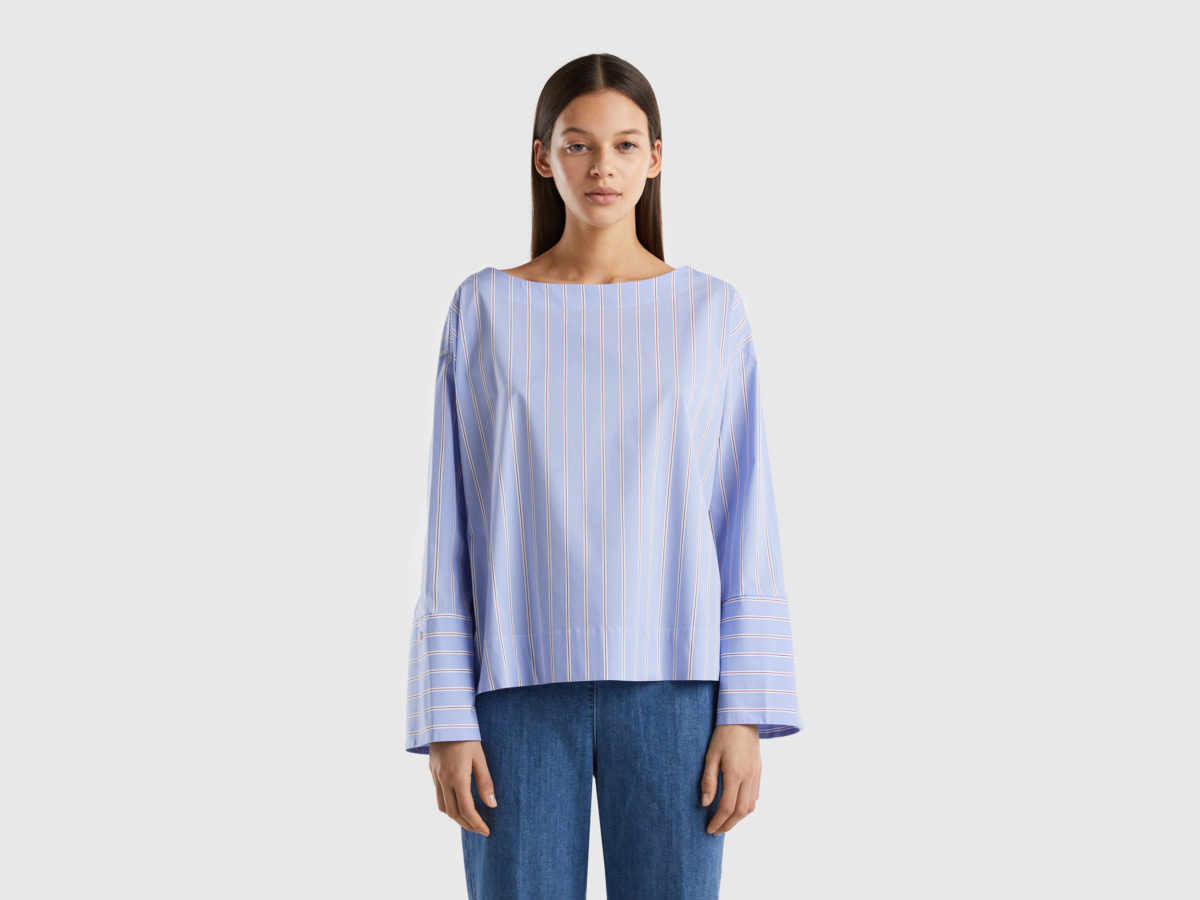 Benetton United Colors Of Striped Blouse In Stretchy Mixture Light Blue Female Womens BLOUSES GOOFASH