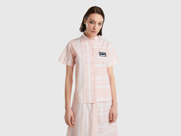 Benetton United Colors Of Striped Blouse With Logo Patch Soft Pink Female Womens BLOUSES GOOFASH