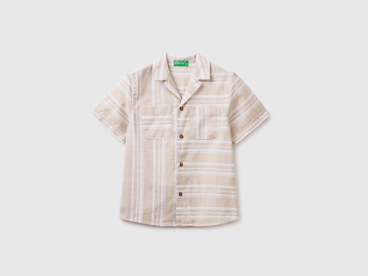 Benetton United Colors Of Striped Shirt With Short Sleeves Beige Male Mens SHIRTS GOOFASH