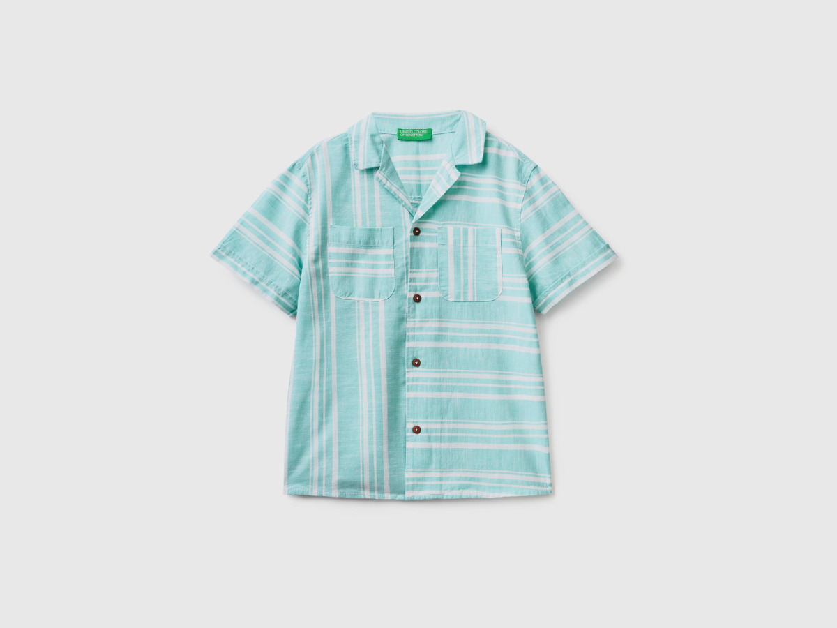Benetton United Colors Of Striped Shirt With Short Sleeves Light Blue Male Mens SHIRTS GOOFASH