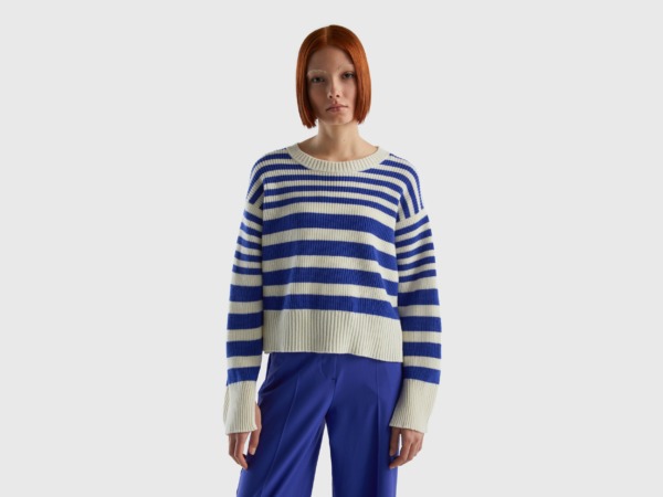 Benetton United Colors Of Striped Sweater Made Of Mixed Transport Blue Female Womens SWEATERS GOOFASH