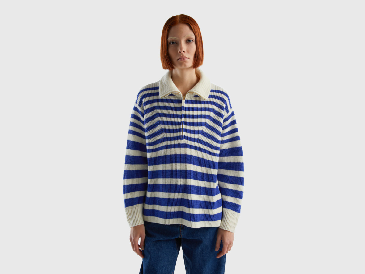Benetton United Colors Of Striped Sweater With High Collar Traffic Blue Female Womens SWEATERS GOOFASH