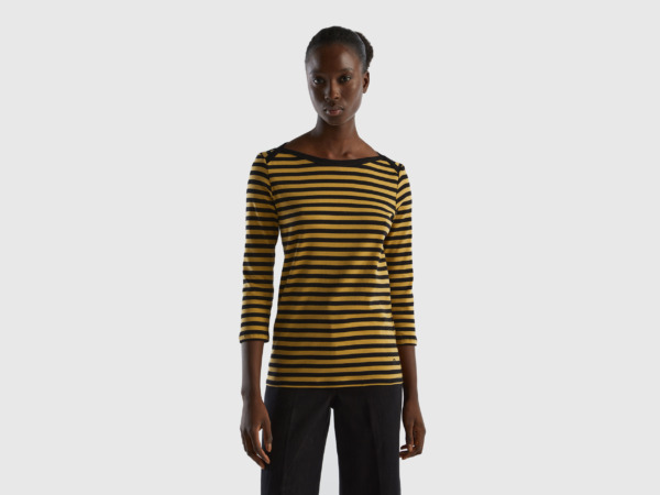 Benetton United Colors Of Striped T-Shirt In With Sleeves Mustard Yellow Female Womens T-SHIRTS GOOFASH
