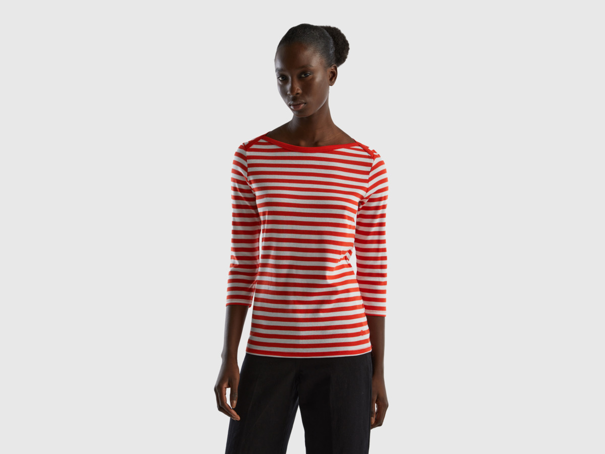 Benetton United Colors Of Striped T-Shirt In With Sleeves Red Female Womens T-SHIRTS GOOFASH