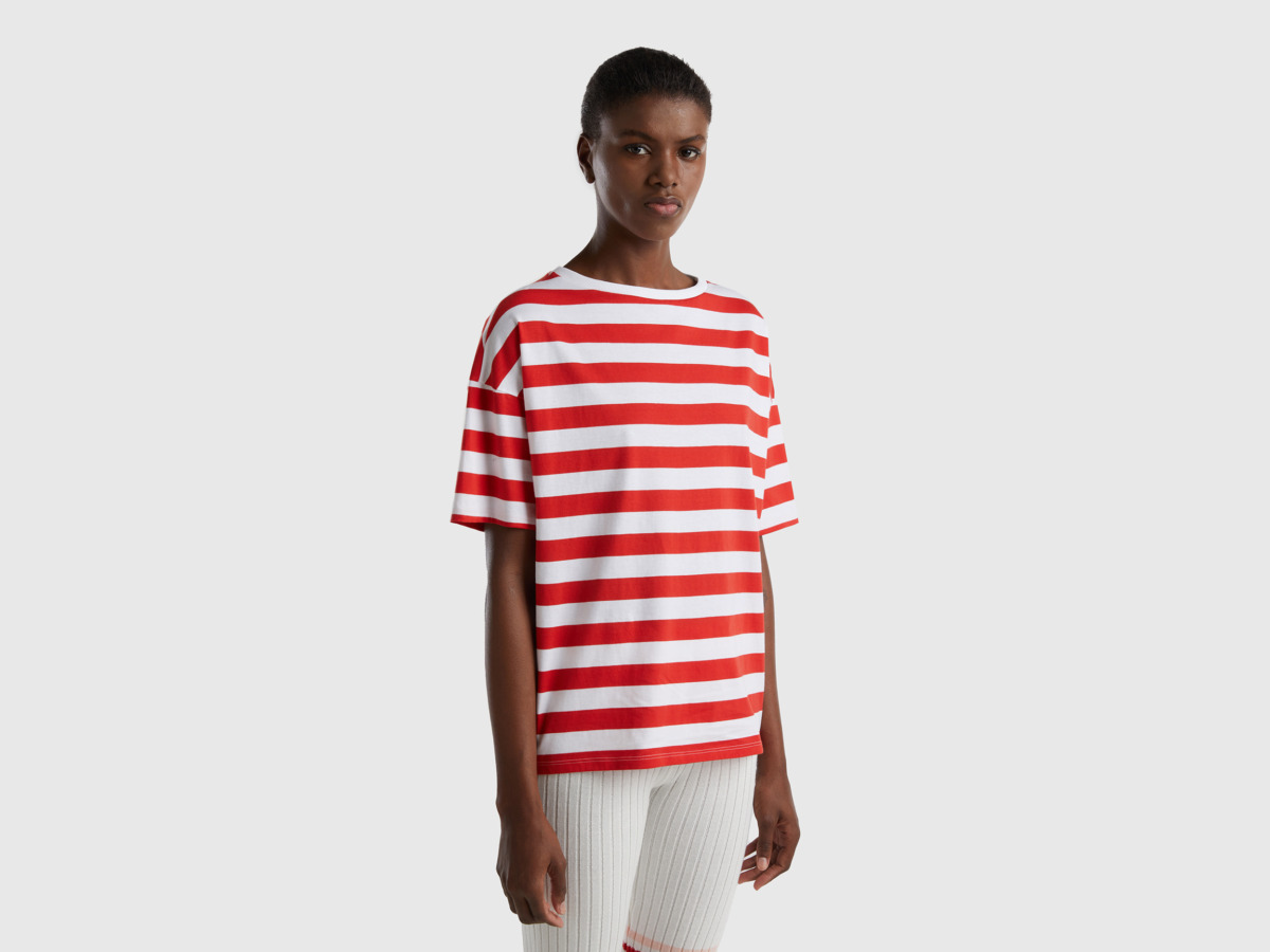 Benetton United Colors Of Striped T-Shirt With Carmen Neckline Red Female Womens T-SHIRTS GOOFASH