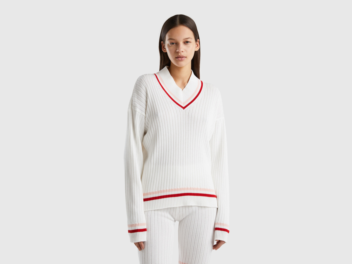 Benetton United Colors Of Sweater In Cream White With Striped Hems Cream White Female Womens SWEATERS GOOFASH
