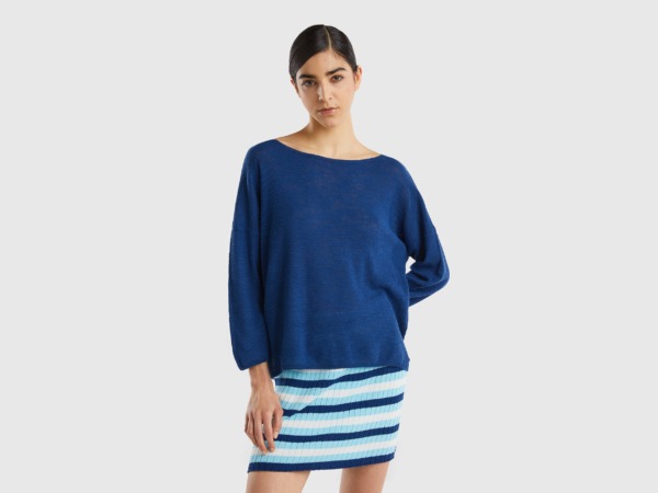 Benetton United Colors Of Sweater In Linen Mixture With Sleeves Dark Blue Female Womens SWEATERS GOOFASH