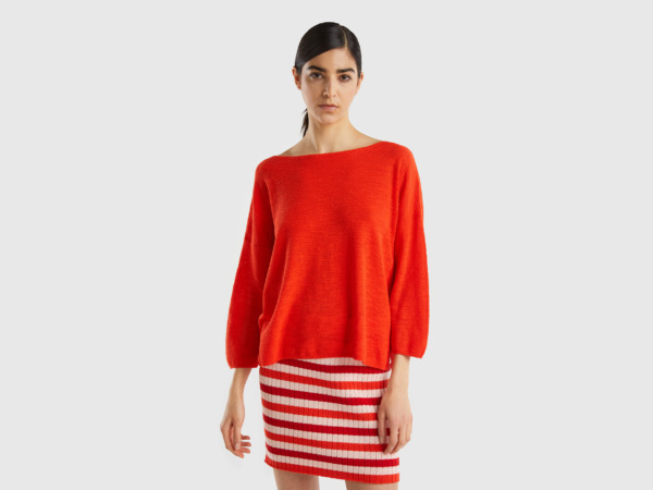 Benetton United Colors Of Sweater In Linen Mixture With Sleeves Orange Female Womens SWEATERS GOOFASH