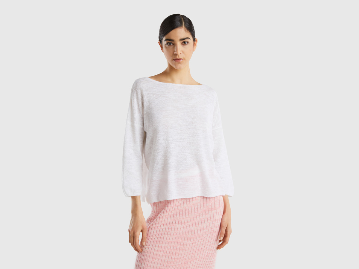 Benetton United Colors Of Sweater In Linen Mixture With Sleeves White Female Womens SWEATERS GOOFASH