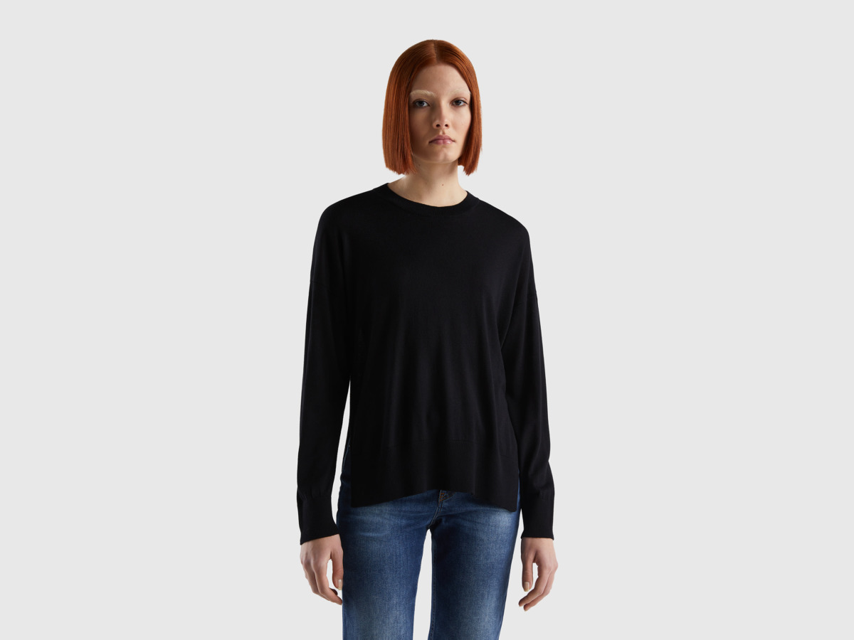 Benetton United Colors Of Sweater In Mixture With Slots Black Female Womens SWEATERS GOOFASH