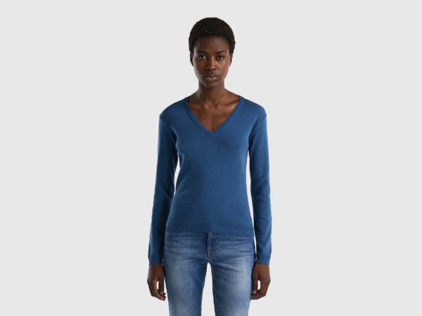 Benetton United Colors Of Sweater Made Of Pure With V-Neck Blue Female Womens SWEATERS GOOFASH