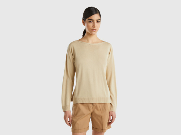 Benetton United Colors Of Sweater With Carmen Neckline Beige Female Womens SWEATERS GOOFASH