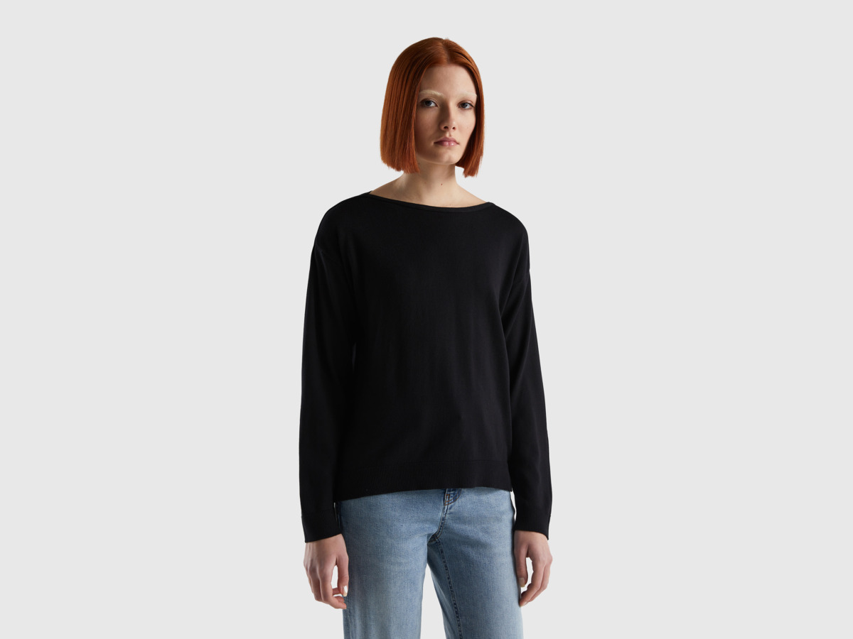 Benetton United Colors Of Sweater With Carmen Neckline Black Female Womens SWEATERS GOOFASH