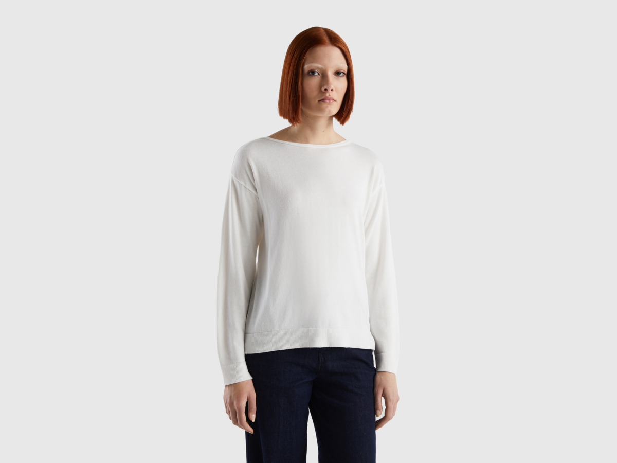 Benetton United Colors Of Sweater With Carmen Neckline Cream White Female Womens SWEATERS GOOFASH