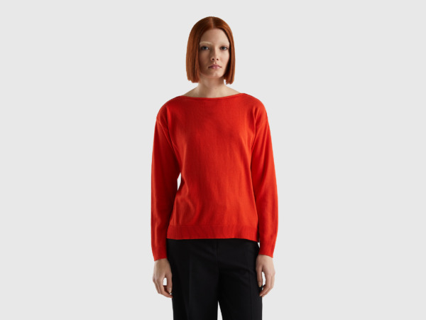 Benetton United Colors Of Sweater With Carmen Neckline Red Female Womens SWEATERS GOOFASH