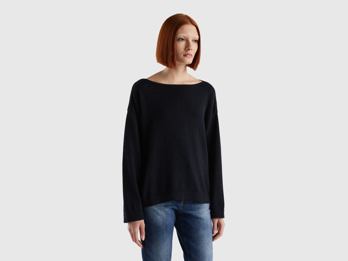 Benetton United Colors Of Sweater With Ribbons And Carmen Neckline Black Female Womens SWEATERS GOOFASH