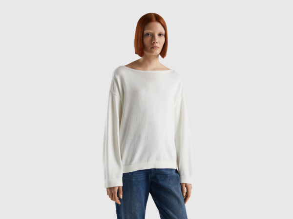 Benetton United Colors Of Sweater With Ribbons And Carmen Neckline Cream White Female Womens SWEATERS GOOFASH