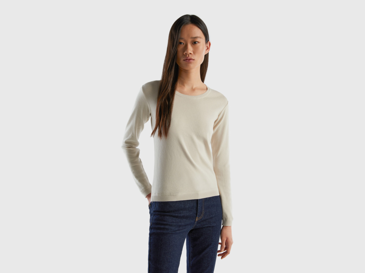 Benetton United Colors Of Sweater With Round Excerpt Made Of Pure Beige Female Womens SWEATERS GOOFASH