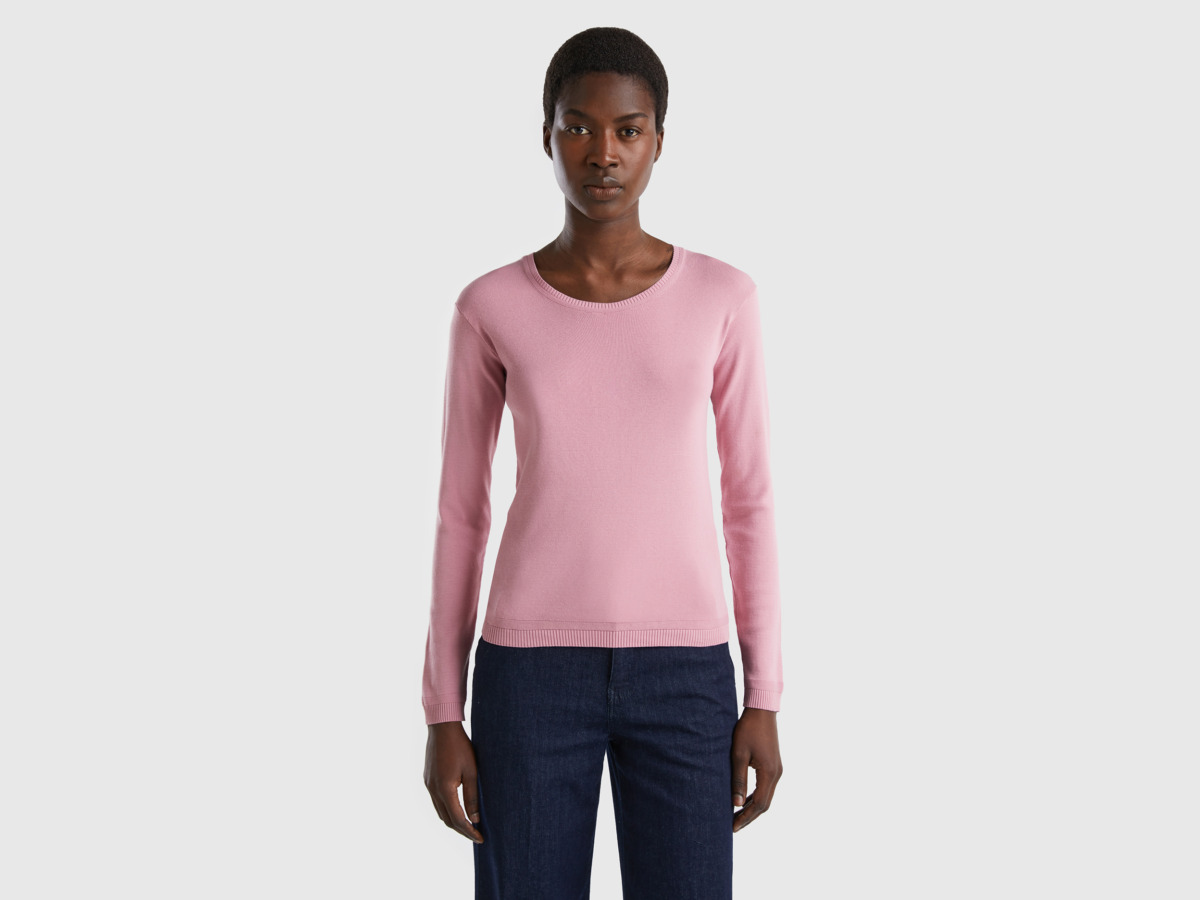 Benetton United Colors Of Sweater With Round Neckline Made Of Pure Pink Female Womens SWEATERS GOOFASH