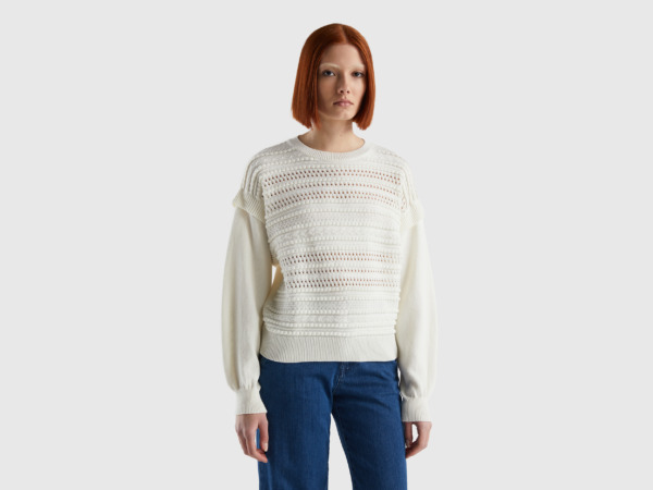 Benetton United Colors Of Sweater With Special Workmanship And Wings Cream White Female Womens SWEATERS GOOFASH