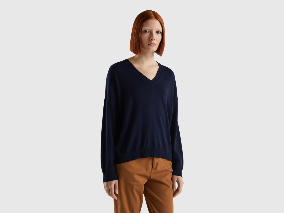 Benetton United Colors Of Sweater With V-Neck Dark Blue Female Womens SWEATERS GOOFASH