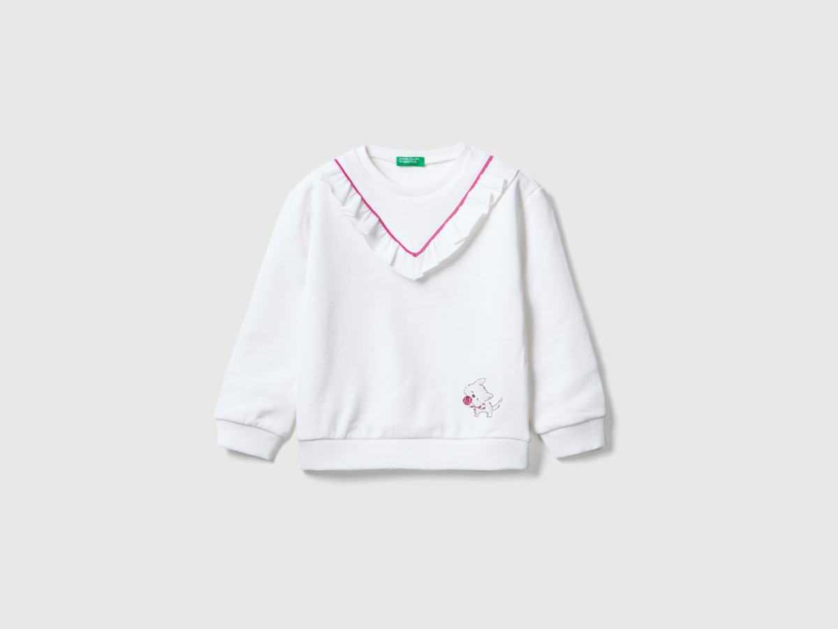 Benetton United Colors Of Sweatshirt With Ruffles And Print White Female Womens SWEATERS GOOFASH