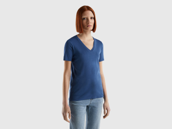 Benetton United Colors Of T-Shirt Made Of Pure With V-Neck Blue Female Womens T-SHIRTS GOOFASH