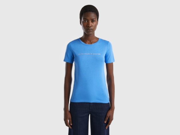 Benetton United Colors Of T-Shirt Made Of With Glittering Logoprint Light Blue Female Womens T-SHIRTS GOOFASH