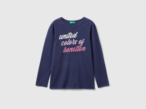 Benetton United Colors Of T-Shirt With Long Sleeves And Glitter Print Dark Blue Female Womens T-SHIRTS GOOFASH