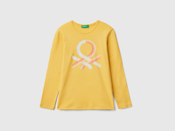 Benetton United Colors Of T-Shirt With Long Sleeves And Glitter Print Yellow Female Womens T-SHIRTS GOOFASH