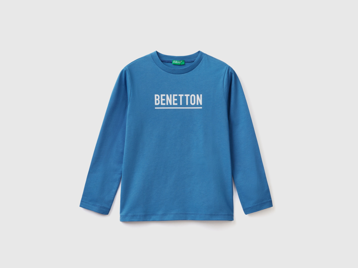 Benetton United Colors Of T-Shirt With Long Sleeves And Logo Traffic Blue Male Mens T-SHIRTS GOOFASH