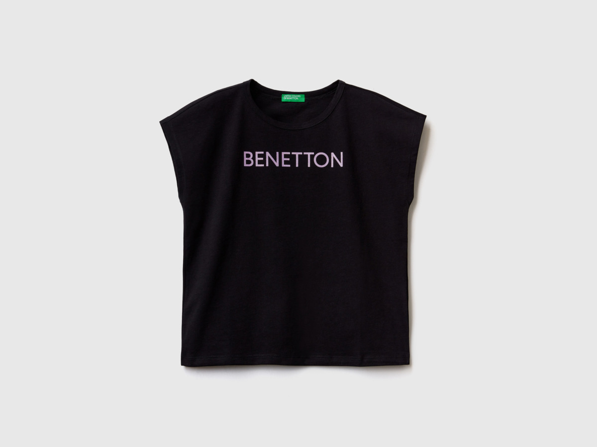 Benetton United Colors Of T-Shirt With Printed Glitter Logo Black Female Womens T-SHIRTS GOOFASH