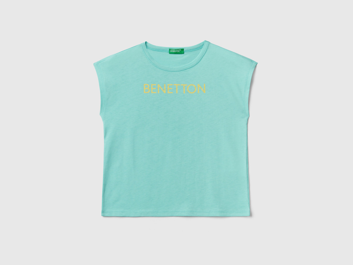 Benetton United Colors Of T-Shirt With Printed Glitter Logo Pale Blue Female Womens T-SHIRTS GOOFASH