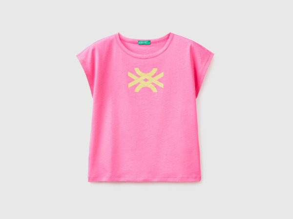 Benetton United Colors Of T-Shirt With Printed Glitter Logo Pink Female Womens T-SHIRTS GOOFASH