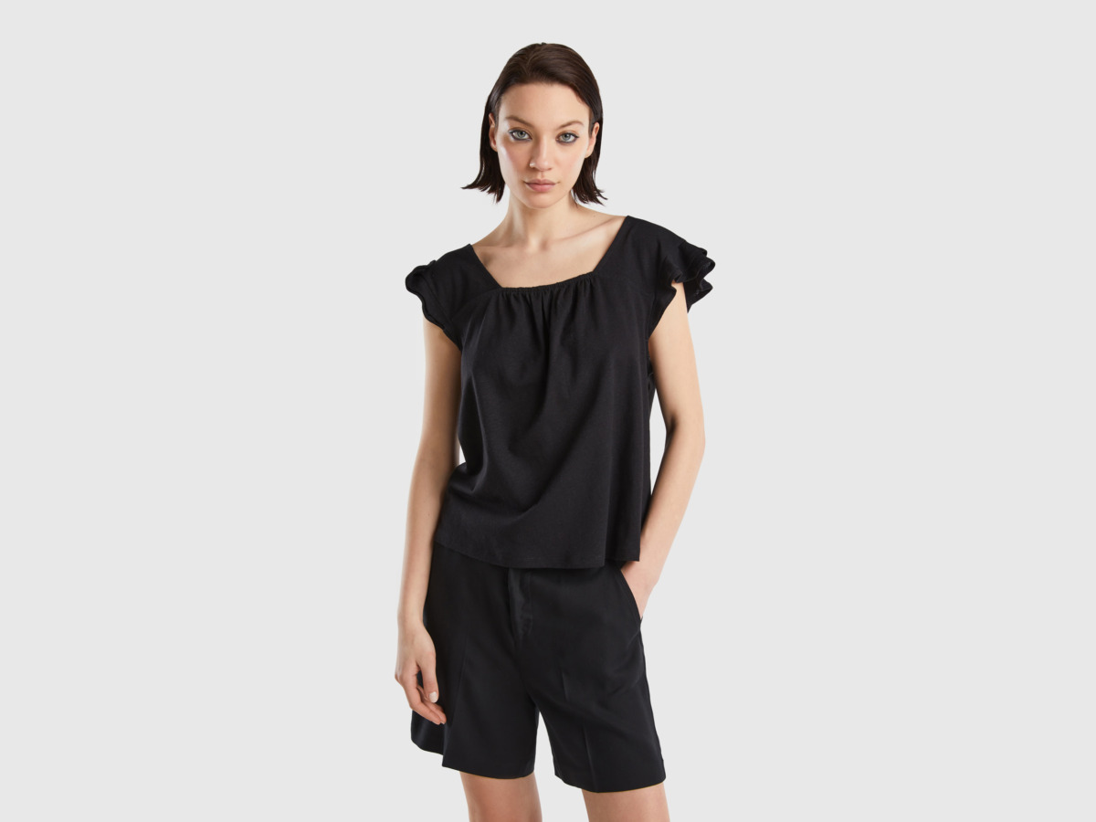 Benetton United Colors Of Top From Linen Mixture With Ruffles Black Female Womens TOPS GOOFASH