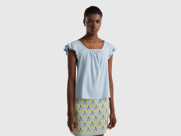 Benetton United Colors Of Top From Linen Mixture With Ruffles Pale Blue Female Womens TOPS GOOFASH