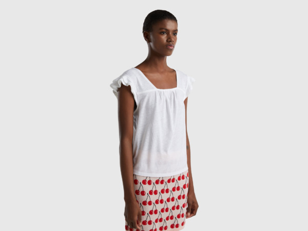 Benetton United Colors Of Top From Linen Mixture With Ruffles White Female Womens TOPS GOOFASH