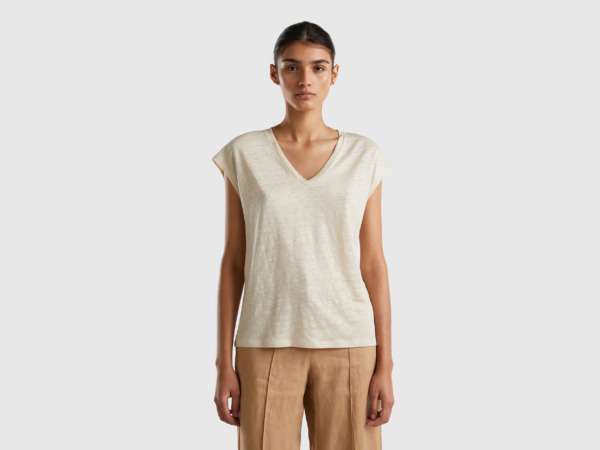 Benetton United Colors Of Top From Linen With V-Neck Beige Female Womens TOPS GOOFASH