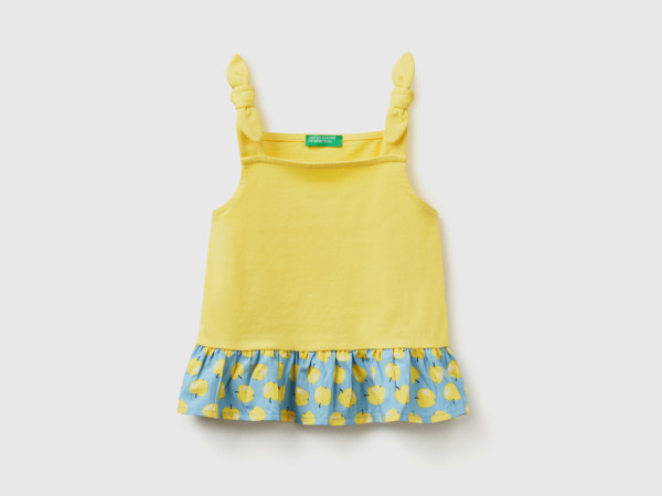 Benetton United Colors Of Top With Ruffles And Fruit Pattern Yellow Female Womens TOPS GOOFASH