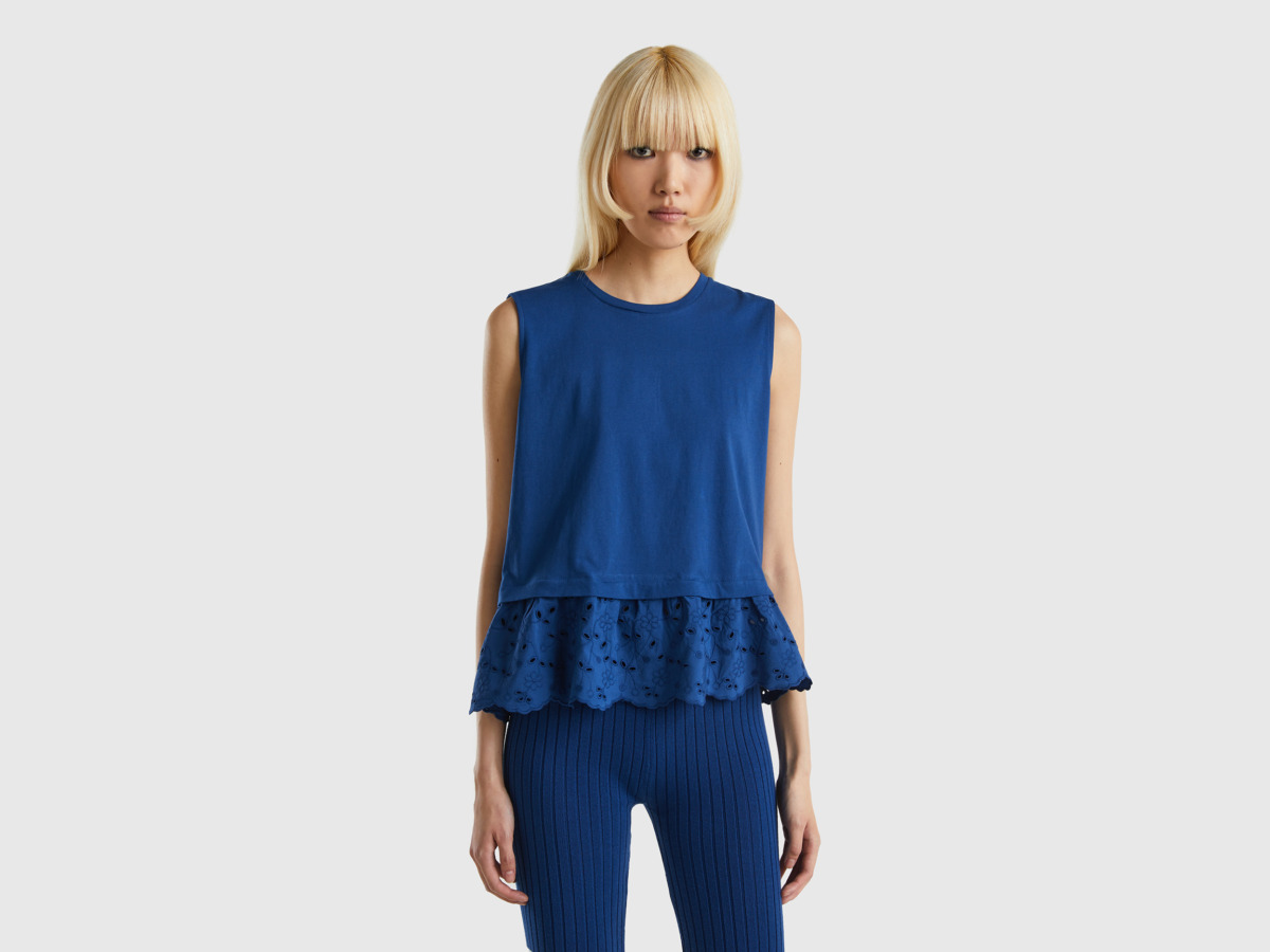 Benetton United Colors Of Top With Ruffles Made Of Hole Tip Dark Blue Female Womens TOPS GOOFASH
