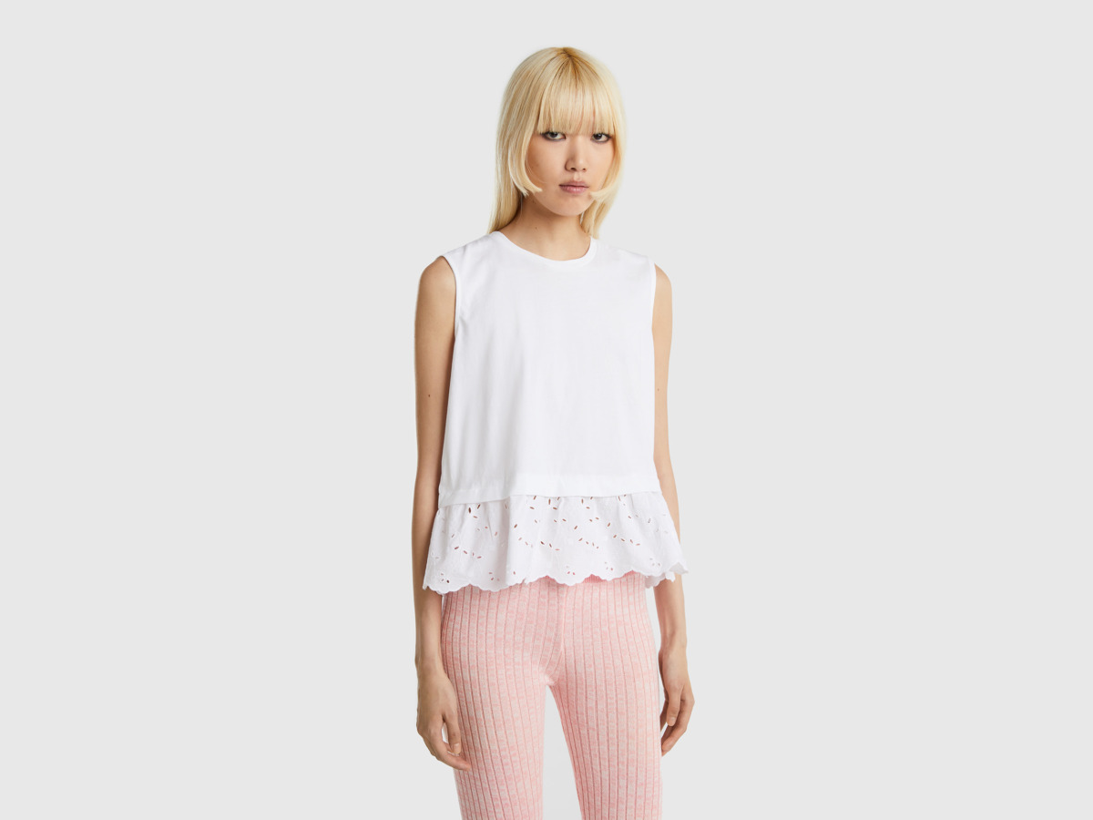Benetton United Colors Of Top With Ruffles Made Of Hole Tip White Female Womens TOPS GOOFASH