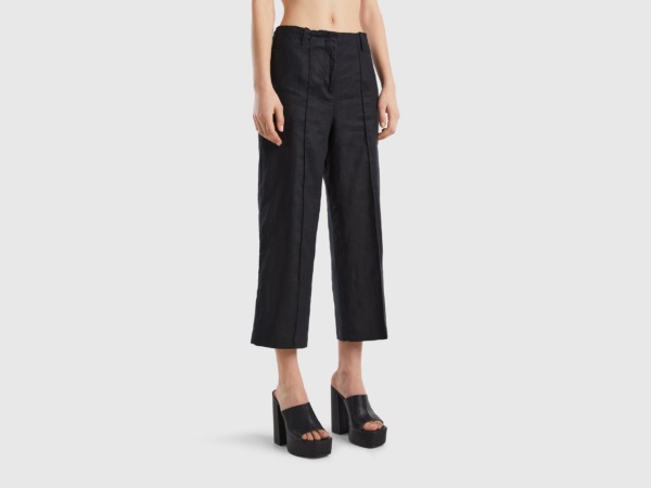 Benetton United Colors Of Wide Trousers Made Of Pure Linen Black Female Womens TROUSERS GOOFASH