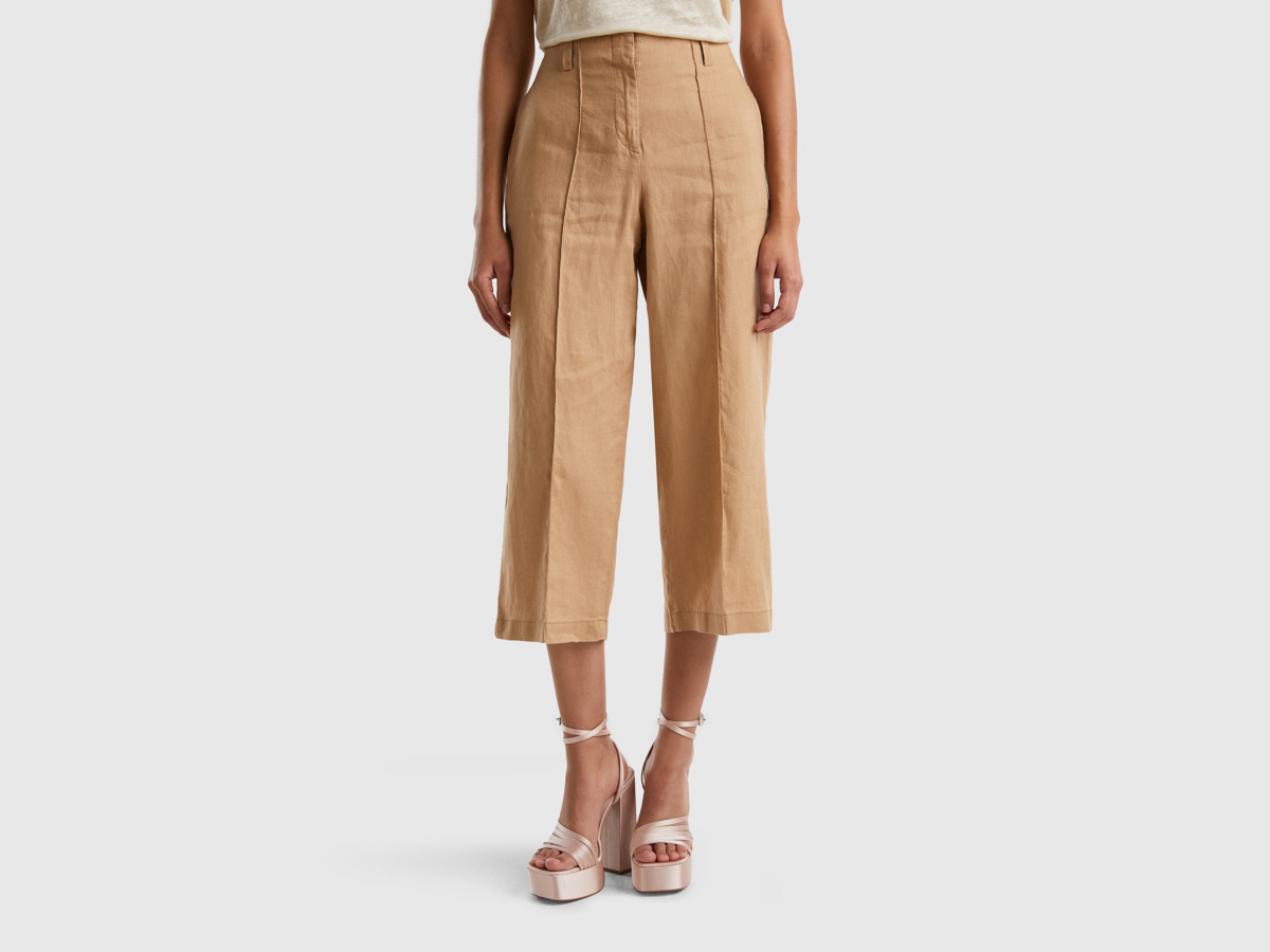 Benetton United Colors Of Wide Trousers Made Of Pure Linen Camel Female Womens TROUSERS GOOFASH